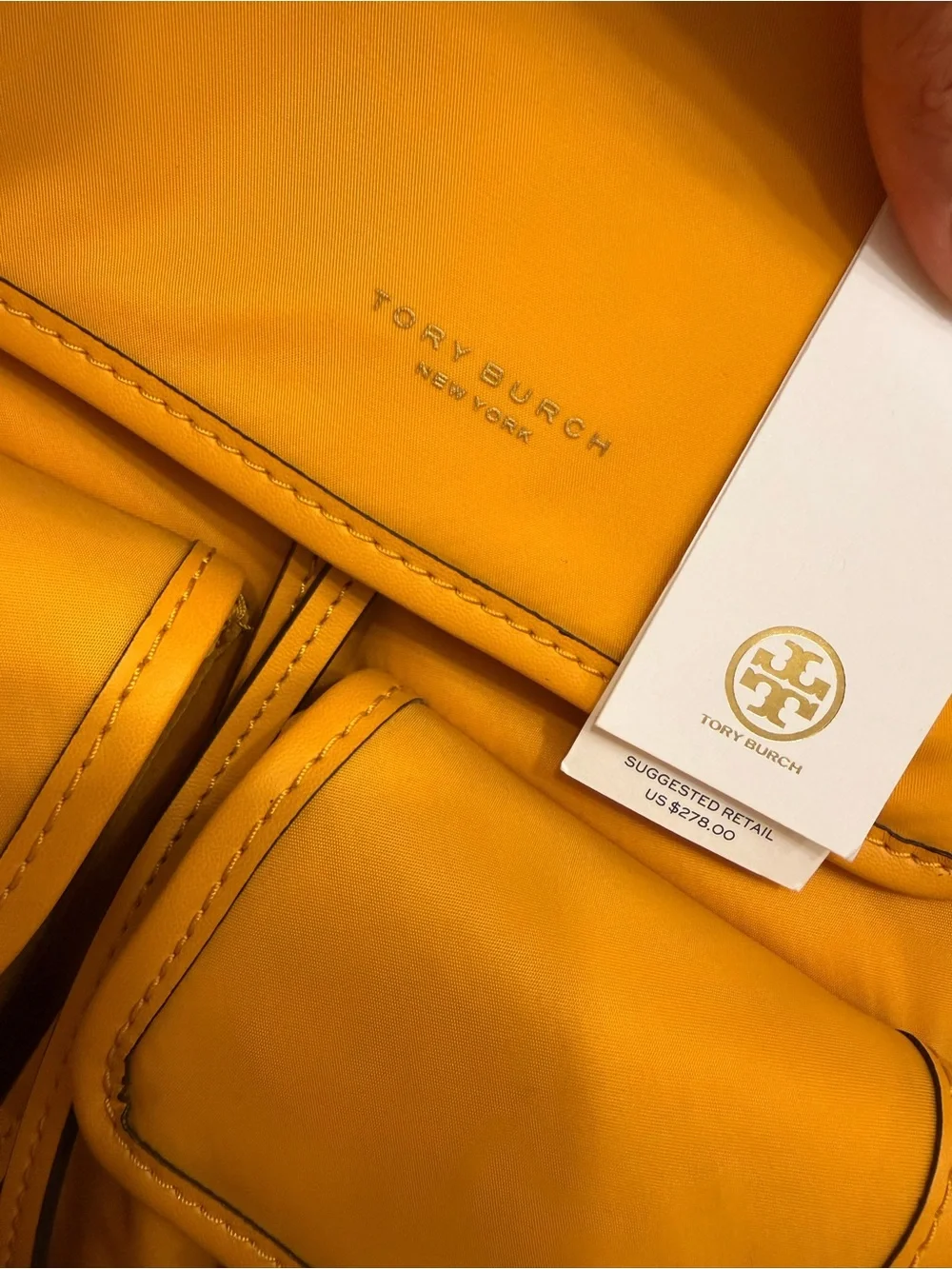 Tory Burch Mustard Yellow Buckle Pocket Backpack